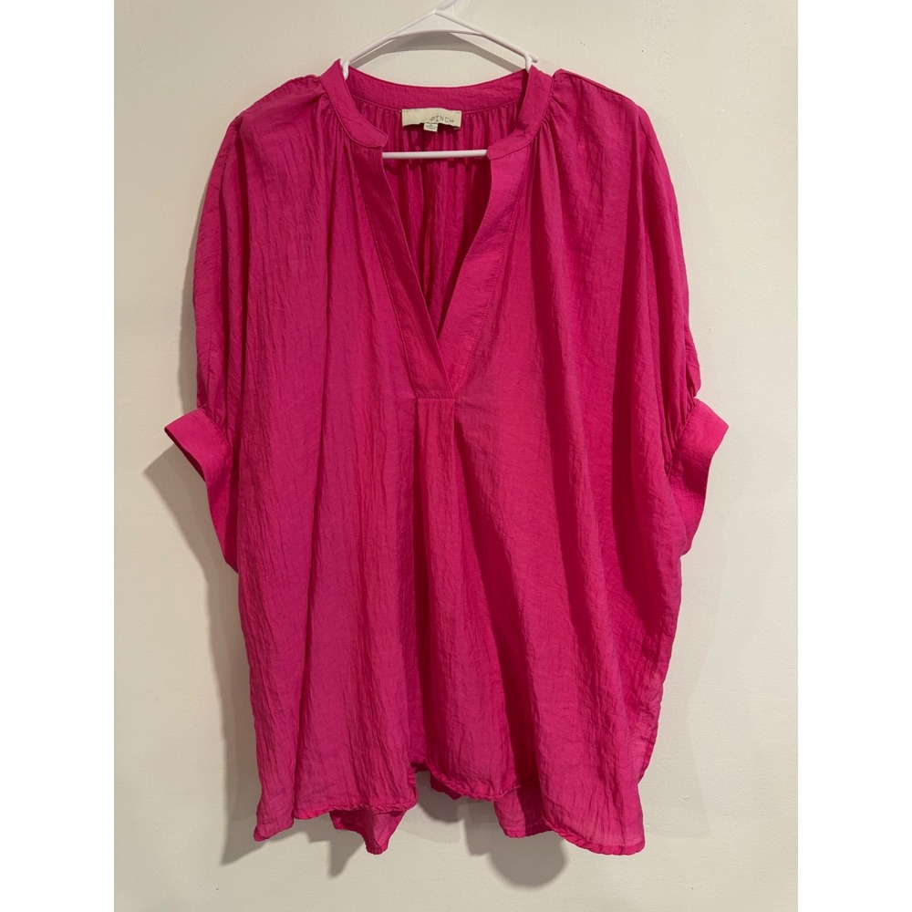 Pinch Oversized V-Neck Tunic Blouse Womens Large Pink Textured Dolman Sleeve